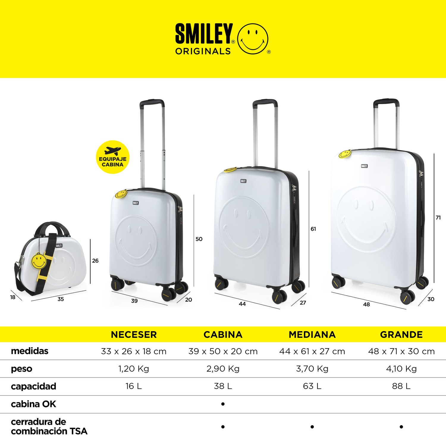 Juego De Maletas Pc Smiley Originals Smiley Originals Blanco-Negro