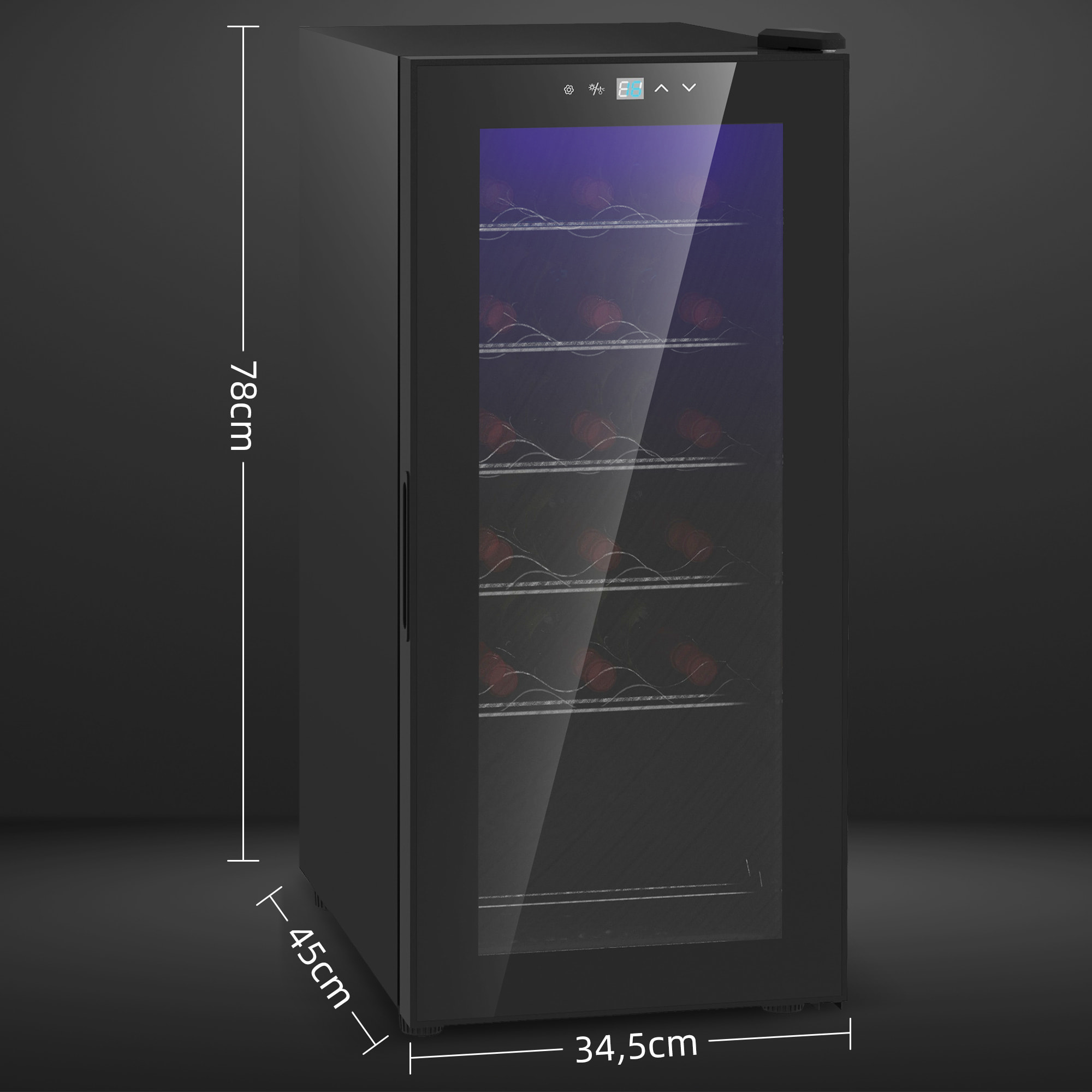 Nevera Vinos 18 Botellas 50L Vinoteca con Luz LED Interior Pantalla Táctil Digital Control de Temperatura Puerta de Vidrio y 5 Estantes de Metal Negro