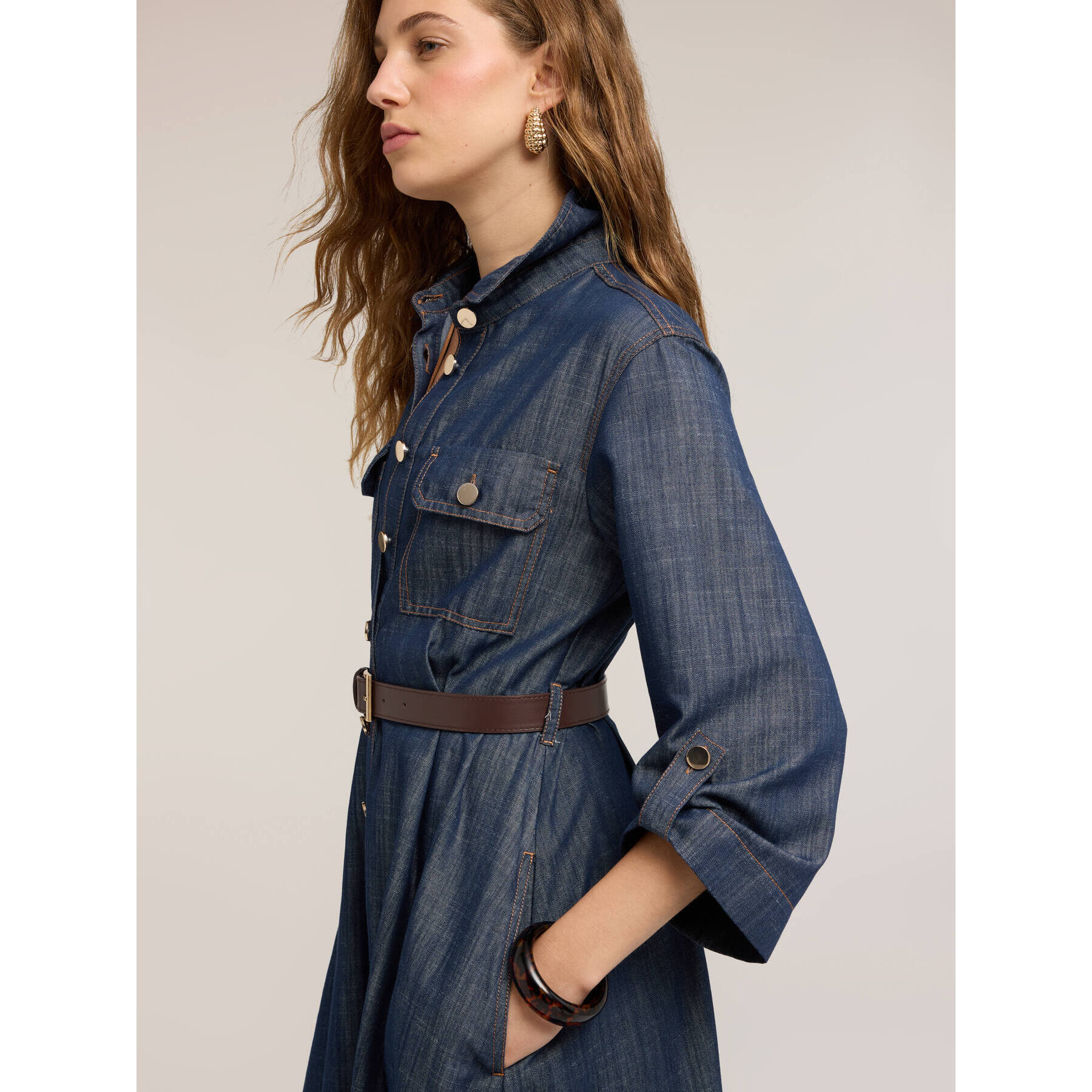 Motivi - Vestito chemisier midi in denim con cintura - Blu