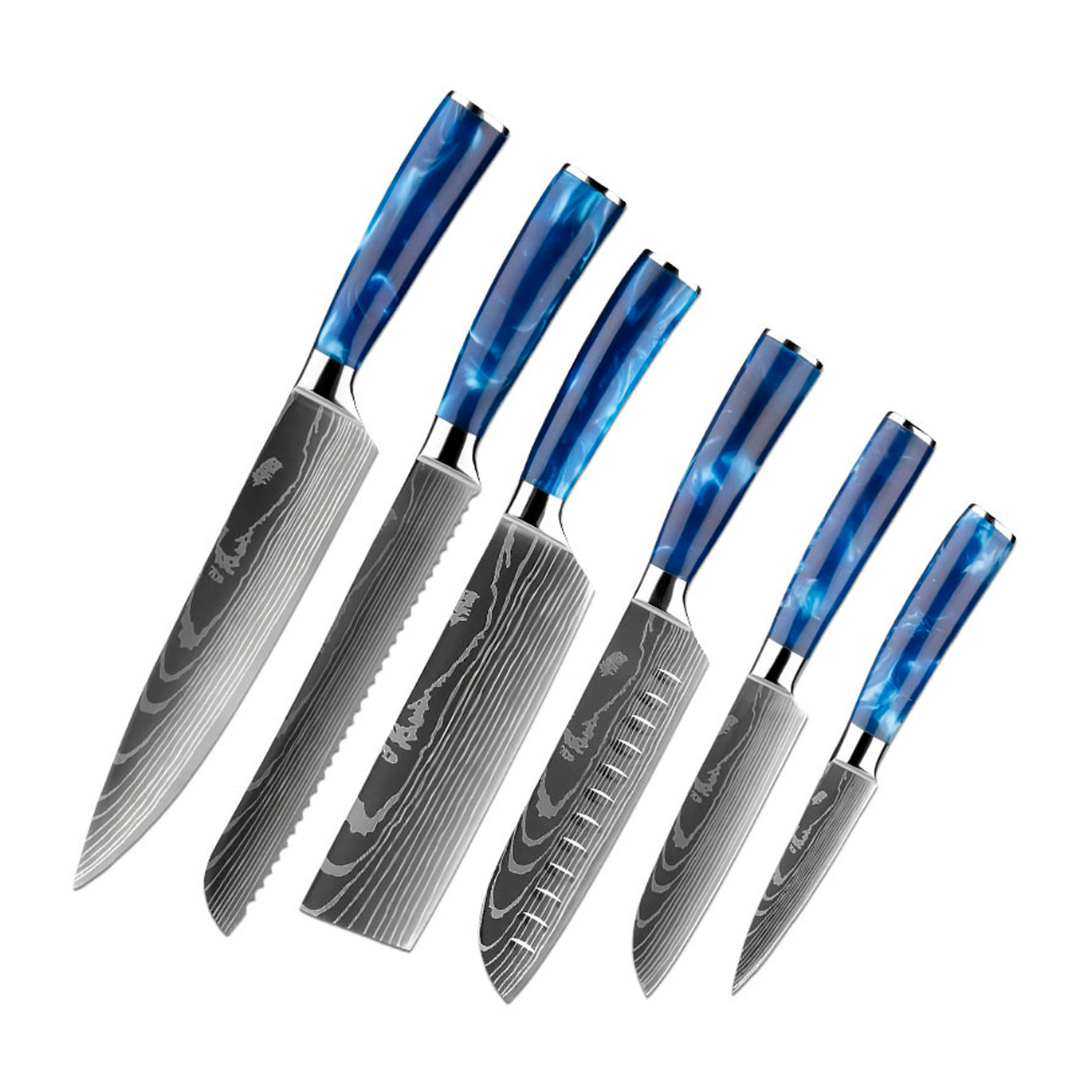 Set di coltelli da chef con 6 pezzi in stile Damasco con design elegante e manico ergonomico con estremità in acciaio.