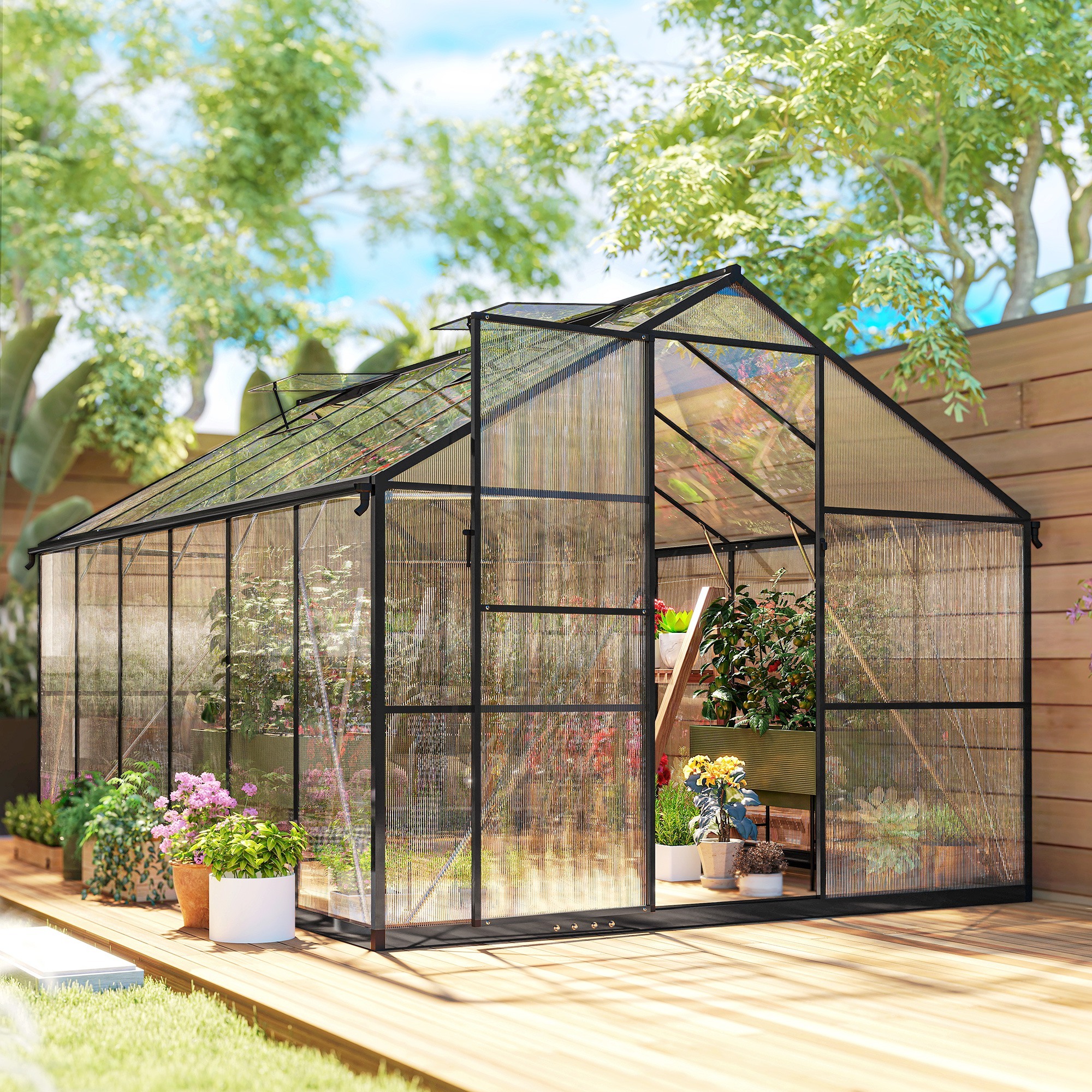 Serre de jardin 8,45 m² aluminium avec parois polycarbonate porte 2 lucarnes