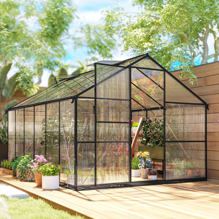 Serre de jardin 8,45 m² aluminium avec parois polycarbonate porte 2 lucarnes