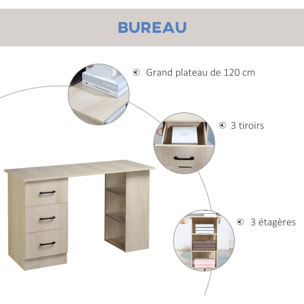 Bureau informatique table multi-fonctions 3 tiroirs 2 étagères dim. 120L x 49l x 72H cm MDF aspect bois