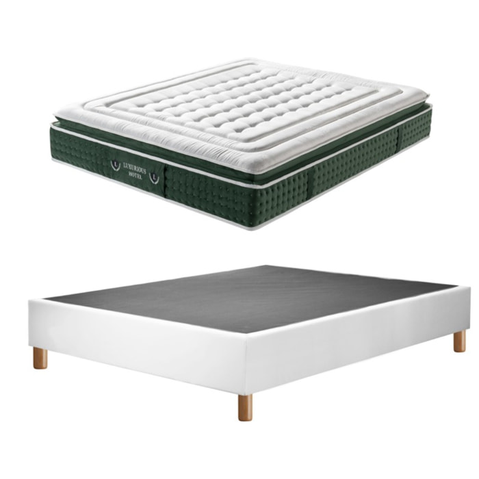 Ensemble Matelas Emeraude ressorts et mémoire de forme avec son sommier Cancun en similicuir blanc