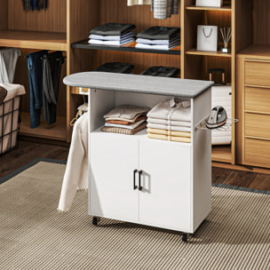 Mueble de Plancha con Ruedas Mueble de Planchado con Barra para Colgar Ropa Estante Abierto y Tabla de Planchar 125x43,5x102,5 cm Blanco