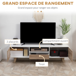 Meuble TV bas sur pied style scandinave 2 portes niche tiroir MDF blanc aspect chêne clair