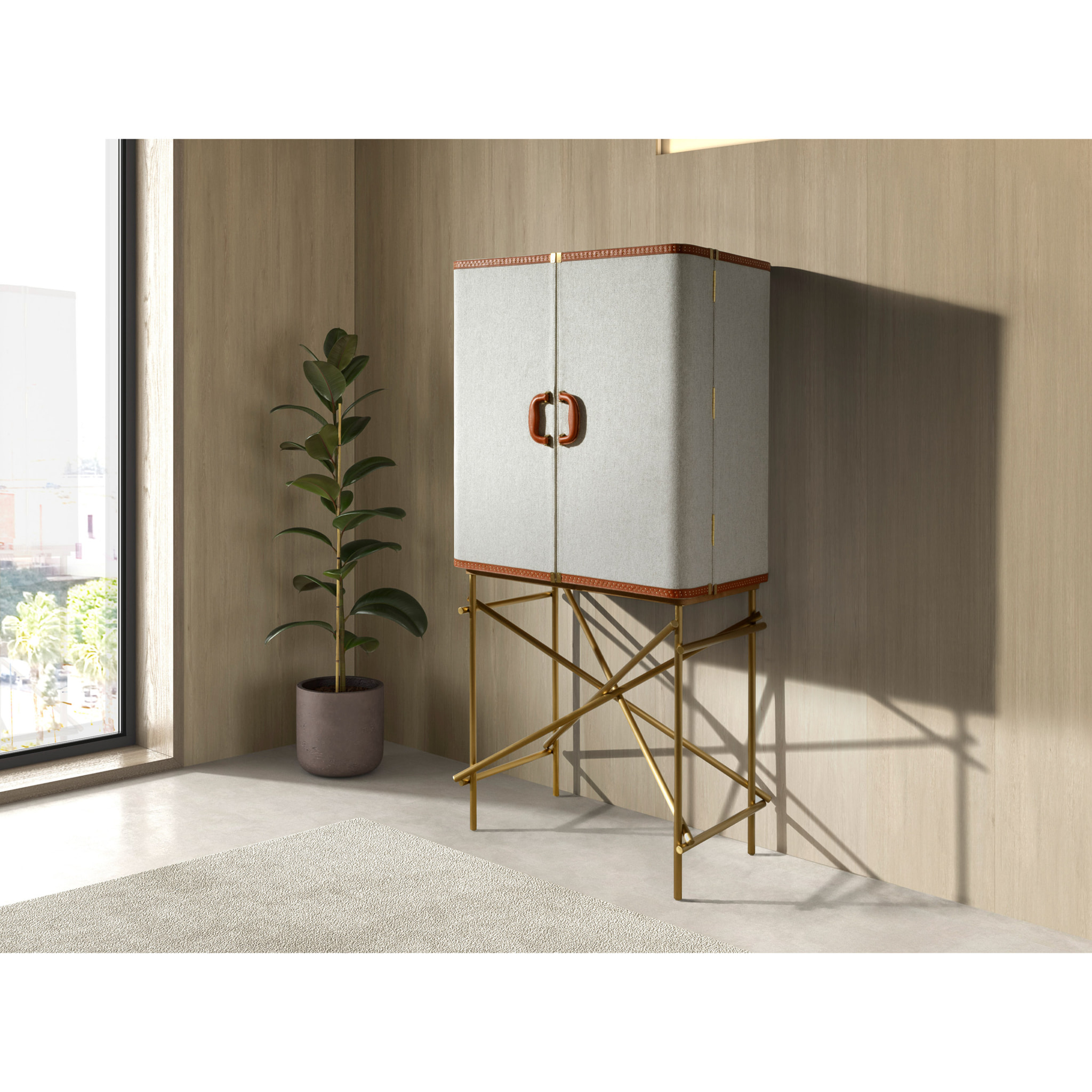 Aparador Angel Cerdá alto con estructura de madera chapada en nogal natural tapizada en tela gris claro y unas patas de acero inoxidable pulido en dorado 82x53x169cm