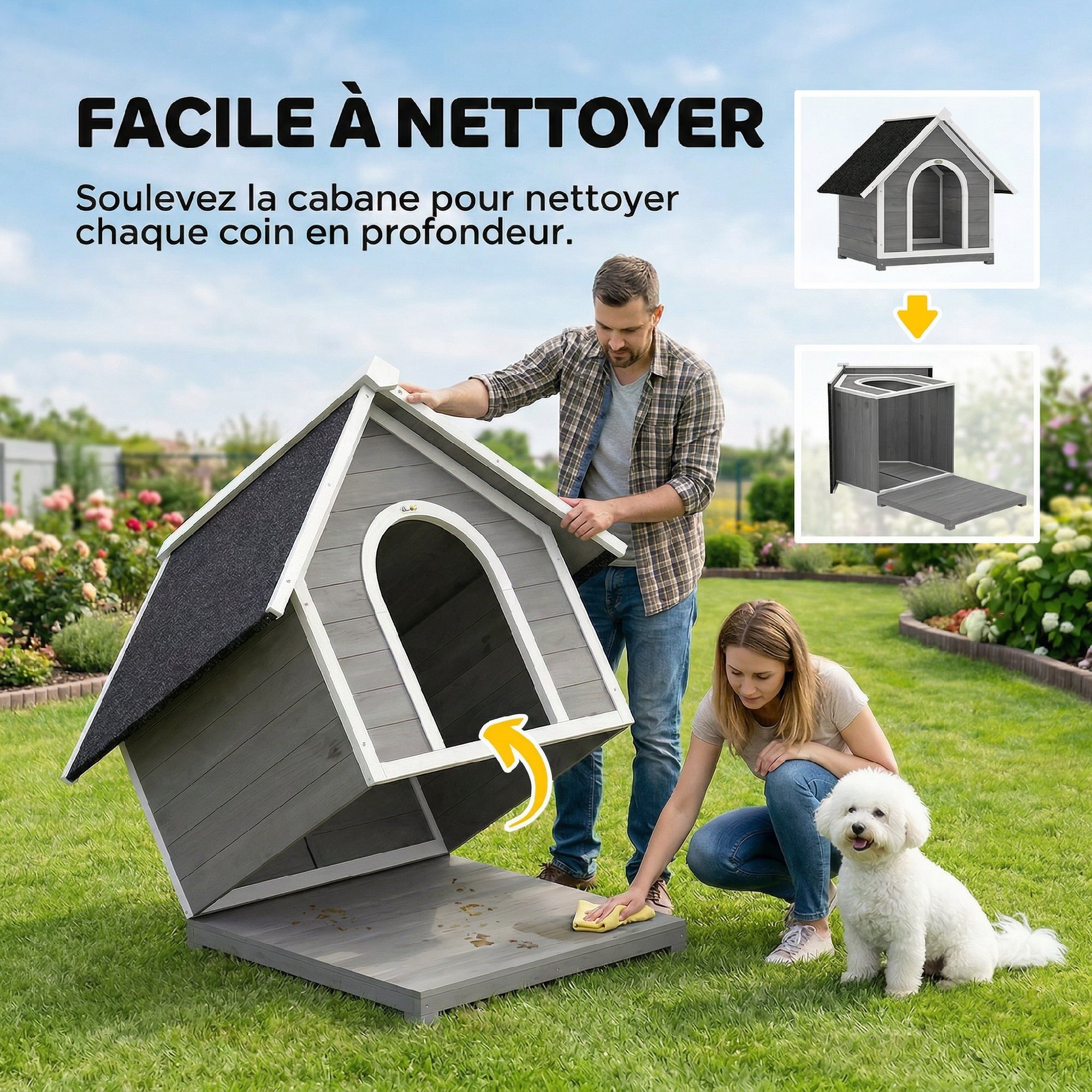 Niche pour chien bois gris blanc toit bitumé dim. 101x83x85cm
