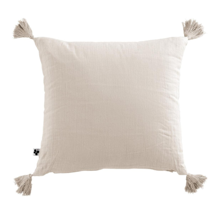 Coussin déhoussable avec pompons ''Gaïa'' 40 x 40 cm ''Gaze de Coton'' - Couleur: Gaïa Pampa