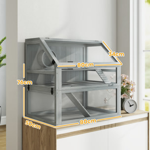 Cage rongeur hamster en bois dim.80x50x76cm 3 niveaux rampes roue bascule cabane gris