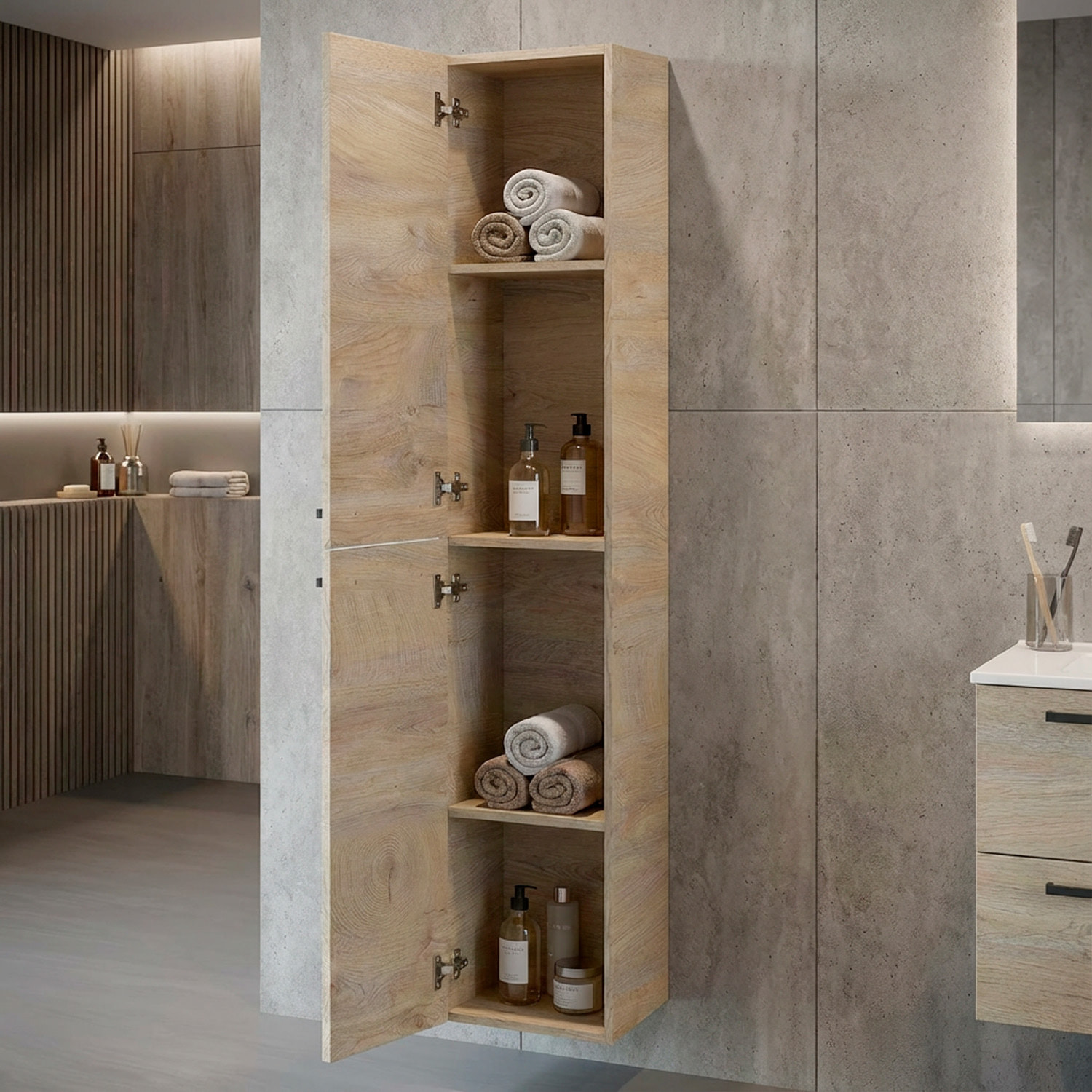 Mobile Alto Da Bagno Sospeso Con 2 Ante E 4 Mensole Interne Colonna Sospesa Salvaspazio In Melaminico 150 x 30 x 25.5 Cm Rovere Naturale