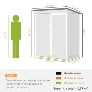 Caseta de Jardín Exterior 1,37 m², 163x90x179 cm, Cobertizo de Jardín Exterior Metálico con Puerta con Pestillo y Ranuras de Ventilación, para Almacenamiento de Herramientas, Gris Oscuro