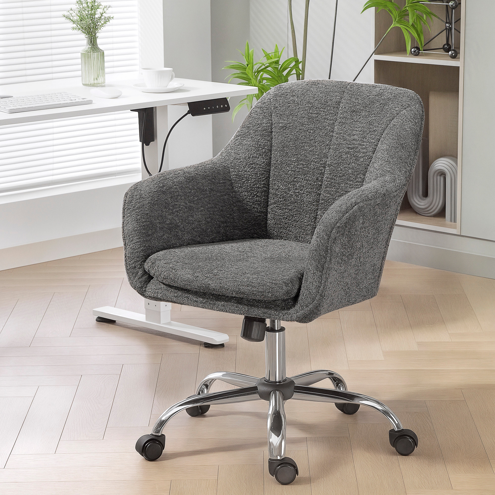 Chaise de bureau design bouclette gris piètement acier chromé