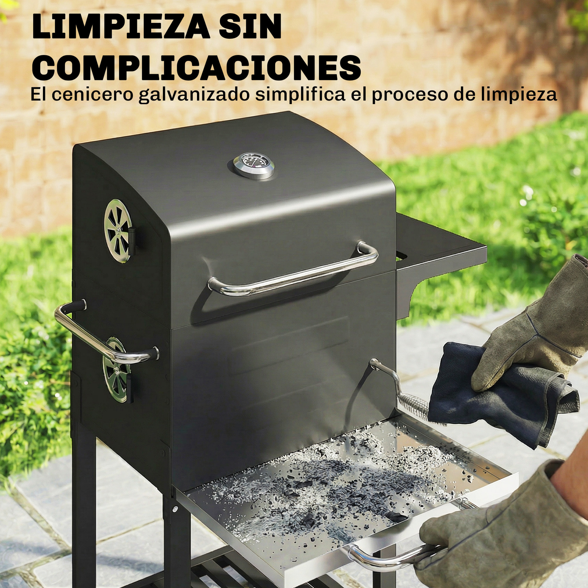 Barbacoa de Carbón Portátil, Barbacoa de Carbón con Termómetro, Ventilación Ajustable, Parrilla de Acero Inoxidable, Estante Lateral, Tapa, Bandeja Cenizas, Ruedas, Estante Inferior, Negro