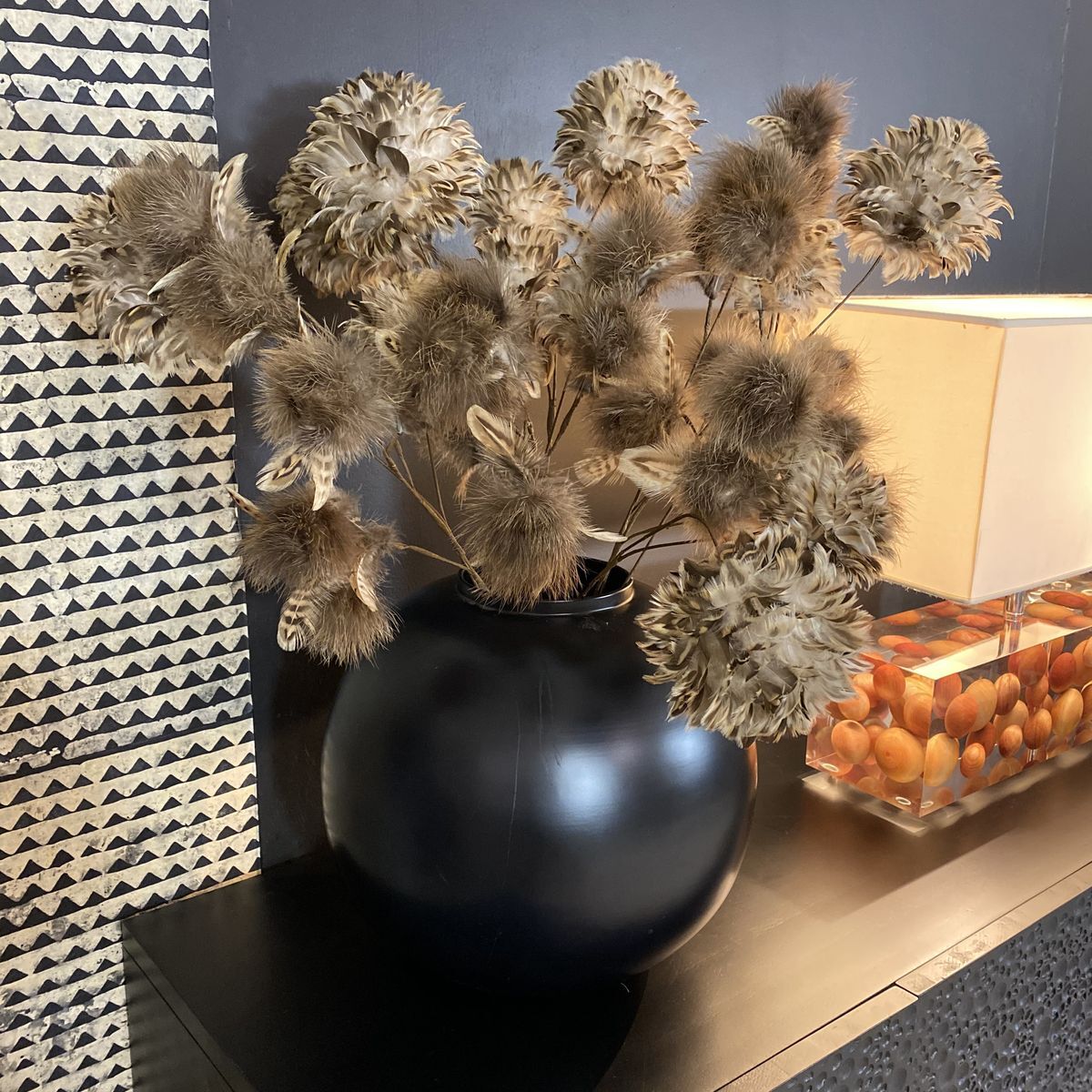 Set de 3 fleurs en plumes de faisan h70cm