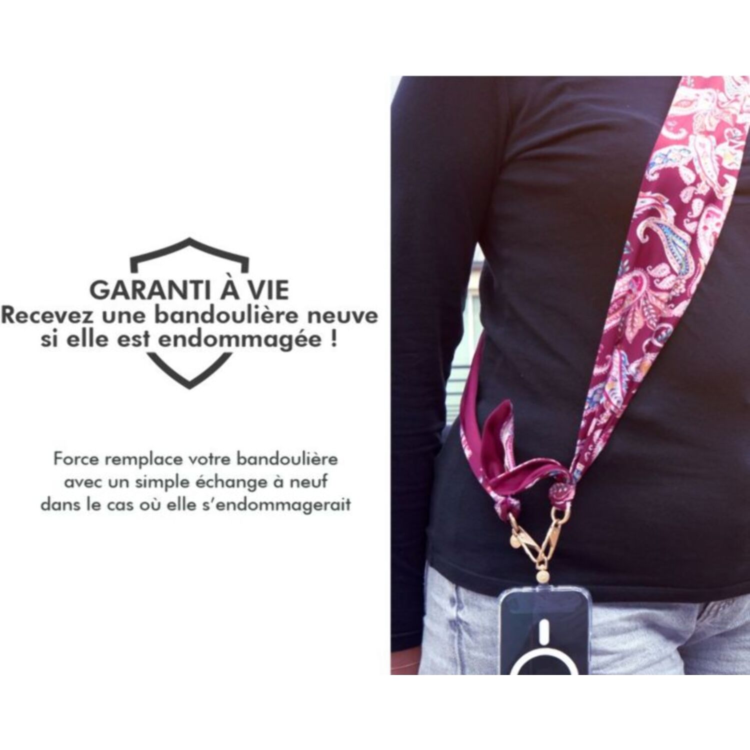 Cordon téléphone FORCE CASE Bandoulière bandana Bordeaux