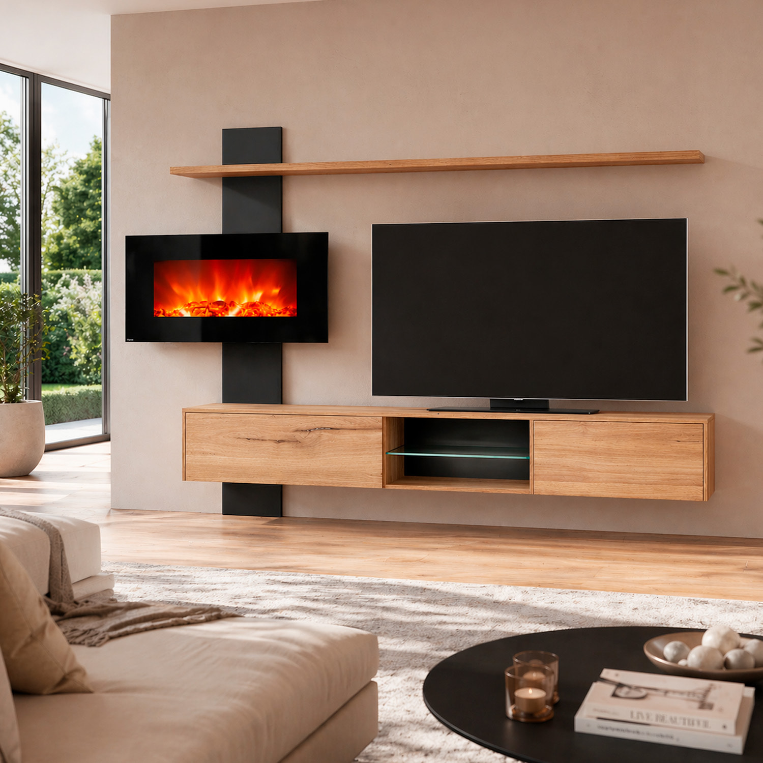 Parete Attrezzata Soggiorno Mobile Tv Biocamino Led Mensola Design Living Arredo Casa Contenitore Vetro Push Click 250x170x40 Cm Rovere E Antracite