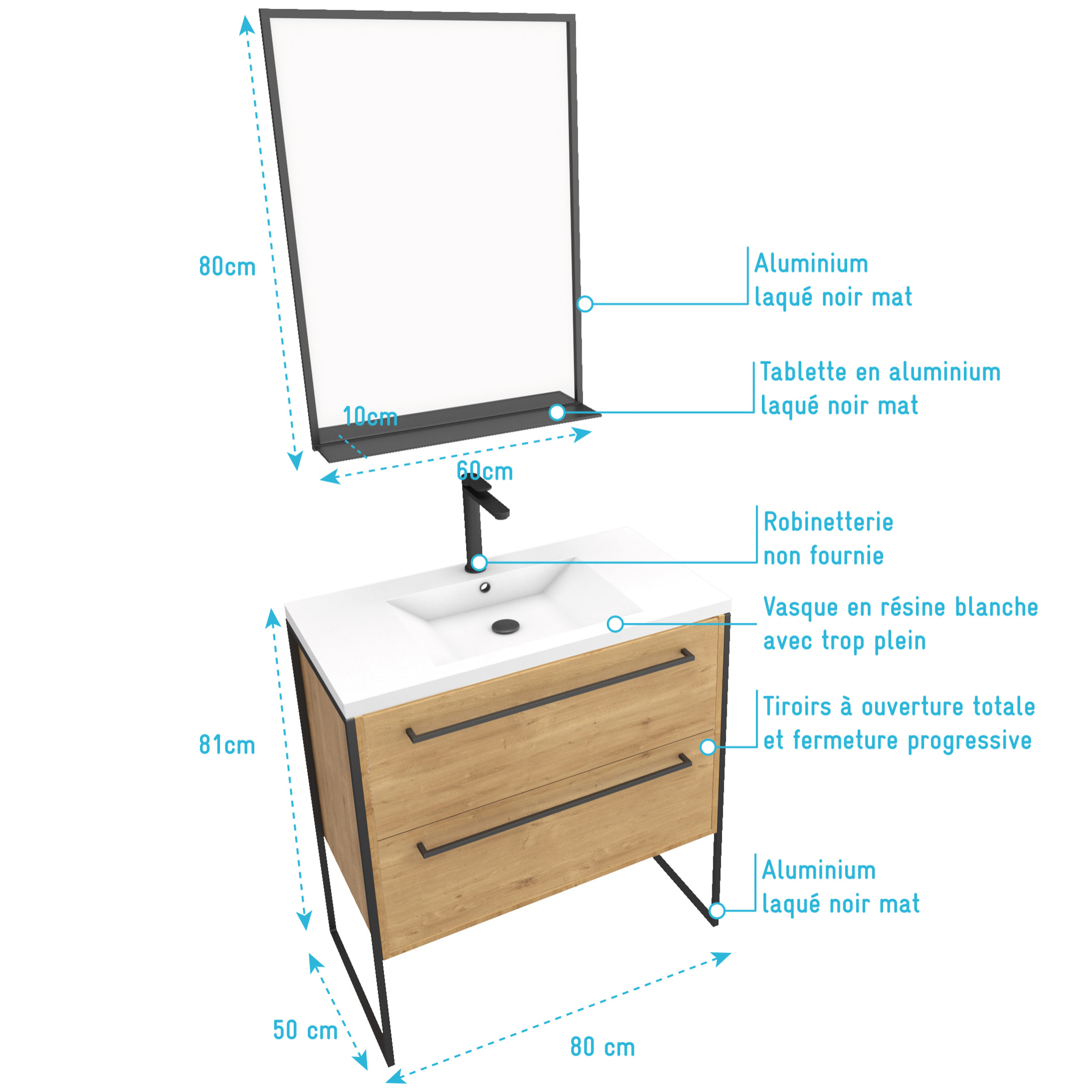 Meuble de salle de bain 80x50cm - vasque blanche - 2 tiroirs finition chêne naturel + miroir
