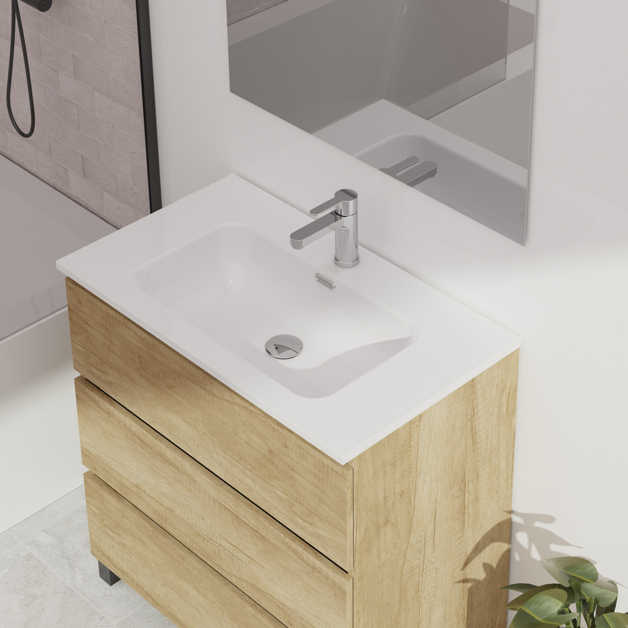 Conjunto de baño Wink | 90 cm Nature | Tres cajones | Lavabo encastrado | No incluye espejo | Mueble montado | Alday