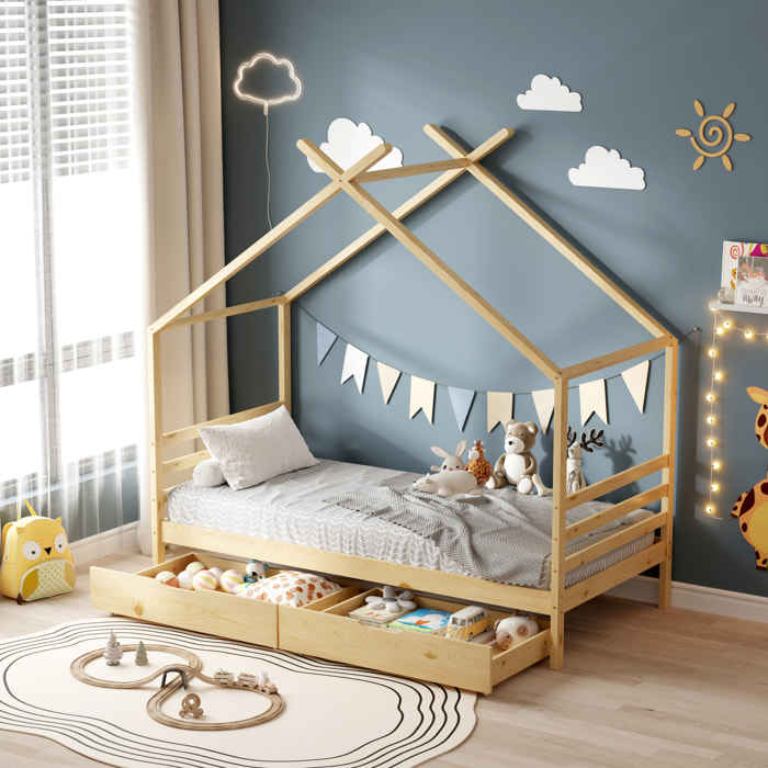 Lit Cabane Bambino, couchage 90x190 cm, Bois de Pin Naturel, Sommier inclus, Avec 2 Tiroirs de rangement
