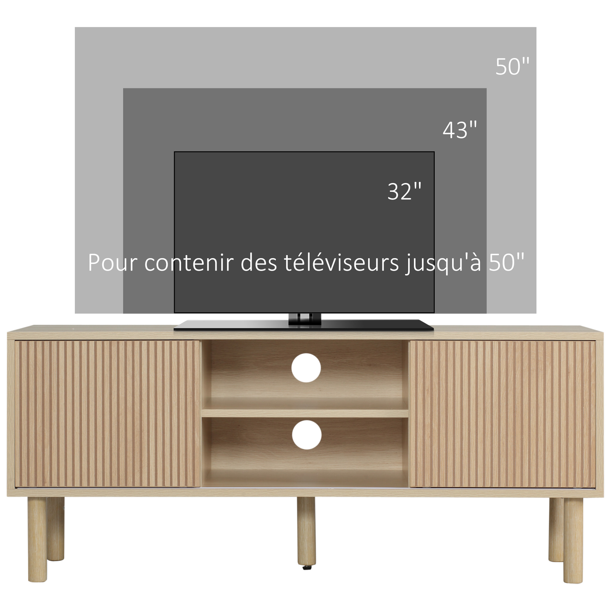 Meuble TV banc TV design Urban Craft - 2 portes coulissantes, 2 niches - piètement cylindrique - panneaux particules aspect bois clair