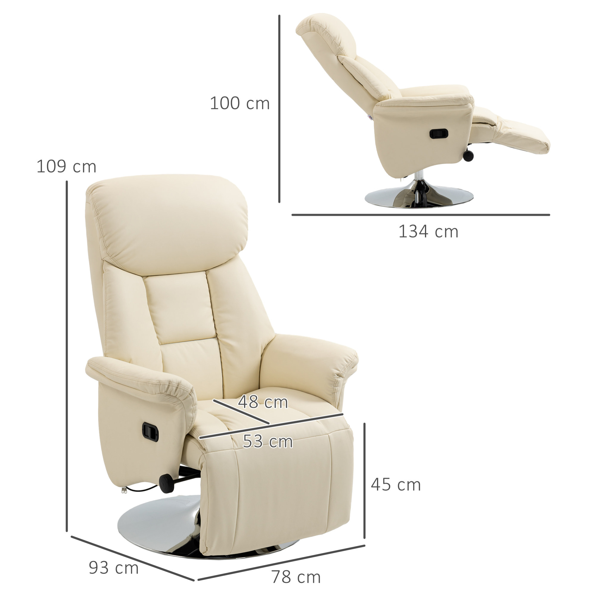 Fauteuil relax inclinable repose-pied réglable pivotant 360° piètement métal chromé revêtement synthétique crème