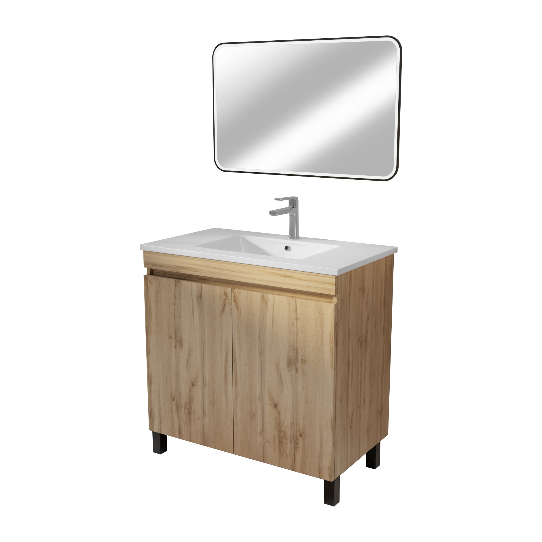 Meuble Salle de Bains 70 cm Décor Chêne Naturel à Portes - Vasque céramique blanche et miroir 70x50