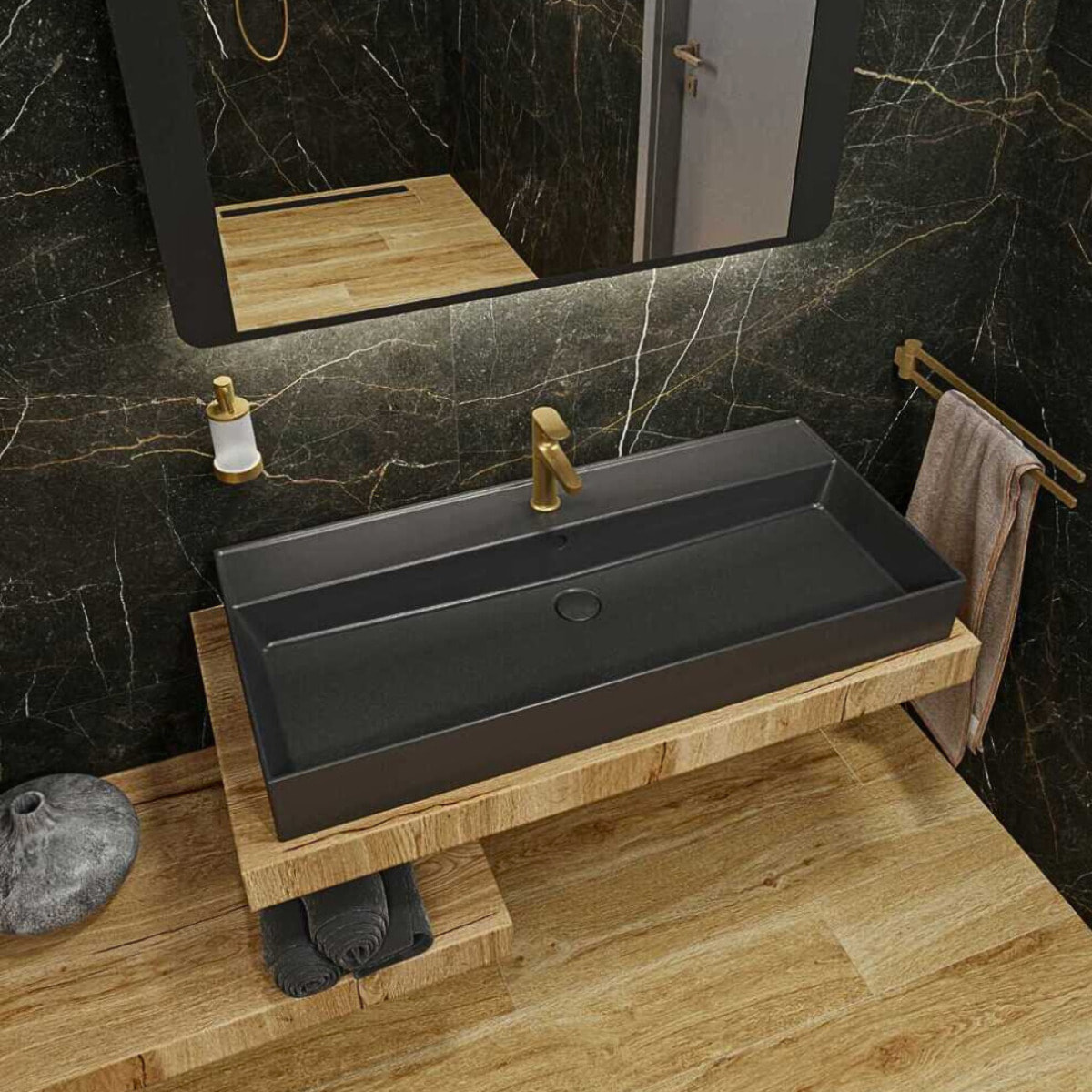 Dark set mitigeur lavabo à levier + mitigeur cuisine avec bras pivotant, or brossé (SATBSDA271BZ)