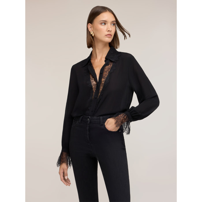 Motivi - Camicia in crêpe de chine con inserti in pizzo - Nero