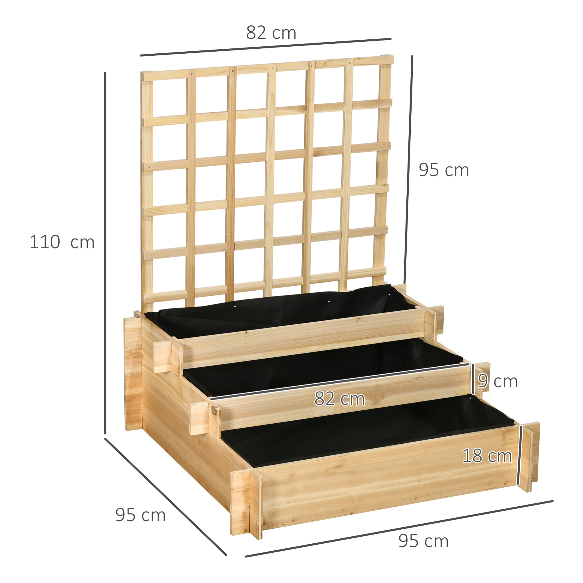 Jardinière avec treillis - jardinière en escalier 3 niveaux - dim. 95L x 95l x 110H cm - bois sapin pré-huilé