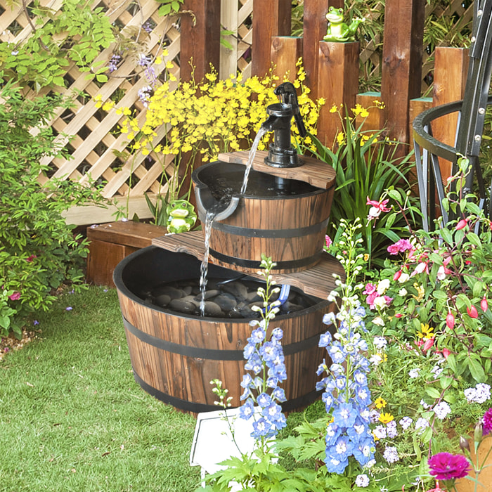 Fuente de Agua de Madera Fuente de Jardín en Cascada de 2 Niveles con Bomba Eléctrica y Salida de Agua Ajustable para Decoración Patio Terraza 44,5x44,5x58,5 cm Natural