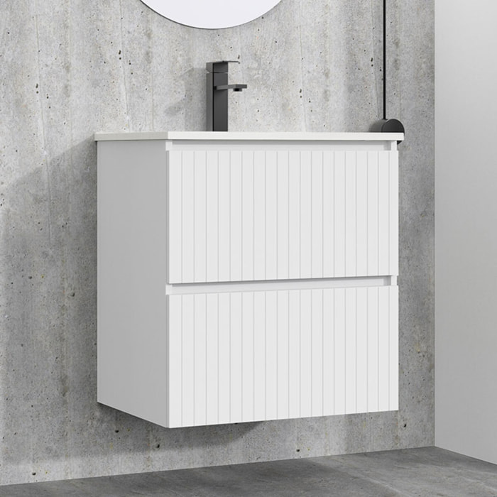 Conjunto de Baño Miya | Mueble de Baño Suspendido | 60 cm Blanco| Dos Cajones | Lavabo Encastrado | No incluye Espejo | Alday