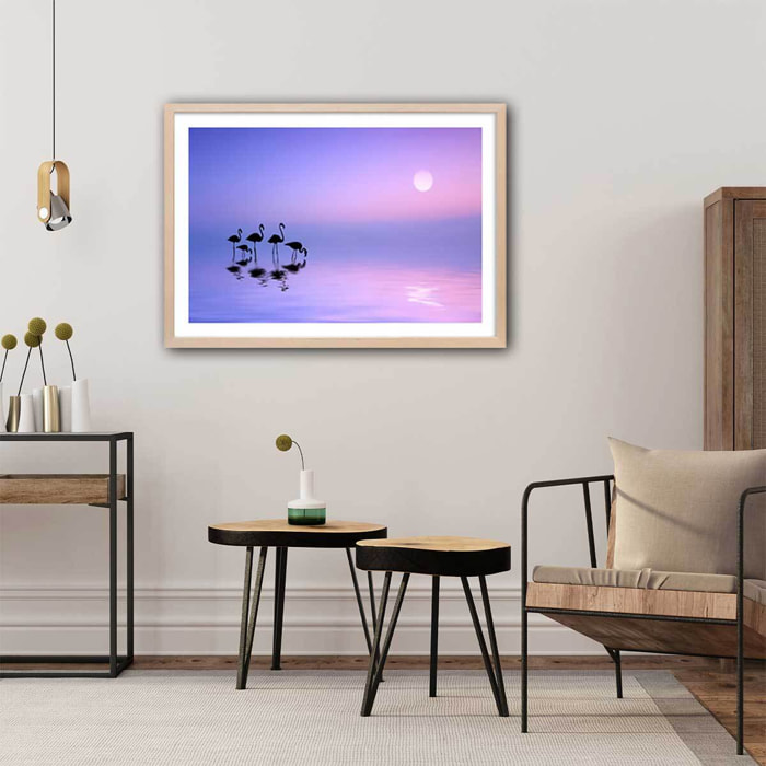Affiche animaux Morning Flamingo Affiche + cadre en bois - Chêne