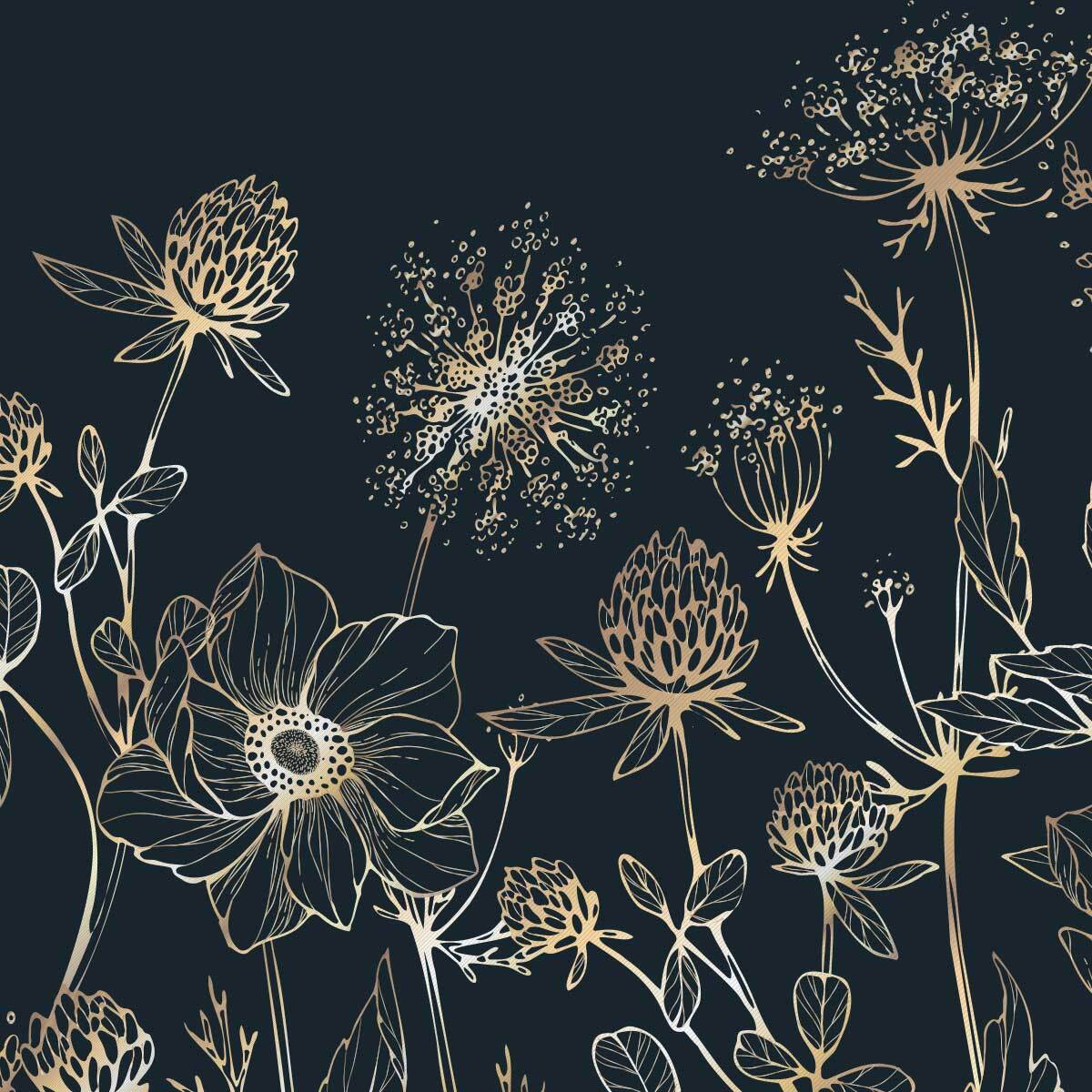 Papier peint fleurs sauvages dorées fond bleu nuit élégant Intissé