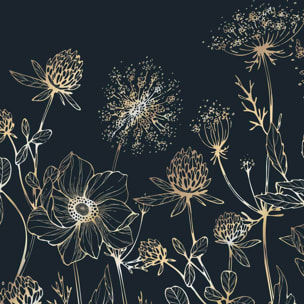 Papier peint fleurs sauvages dorées fond bleu nuit élégant Intissé