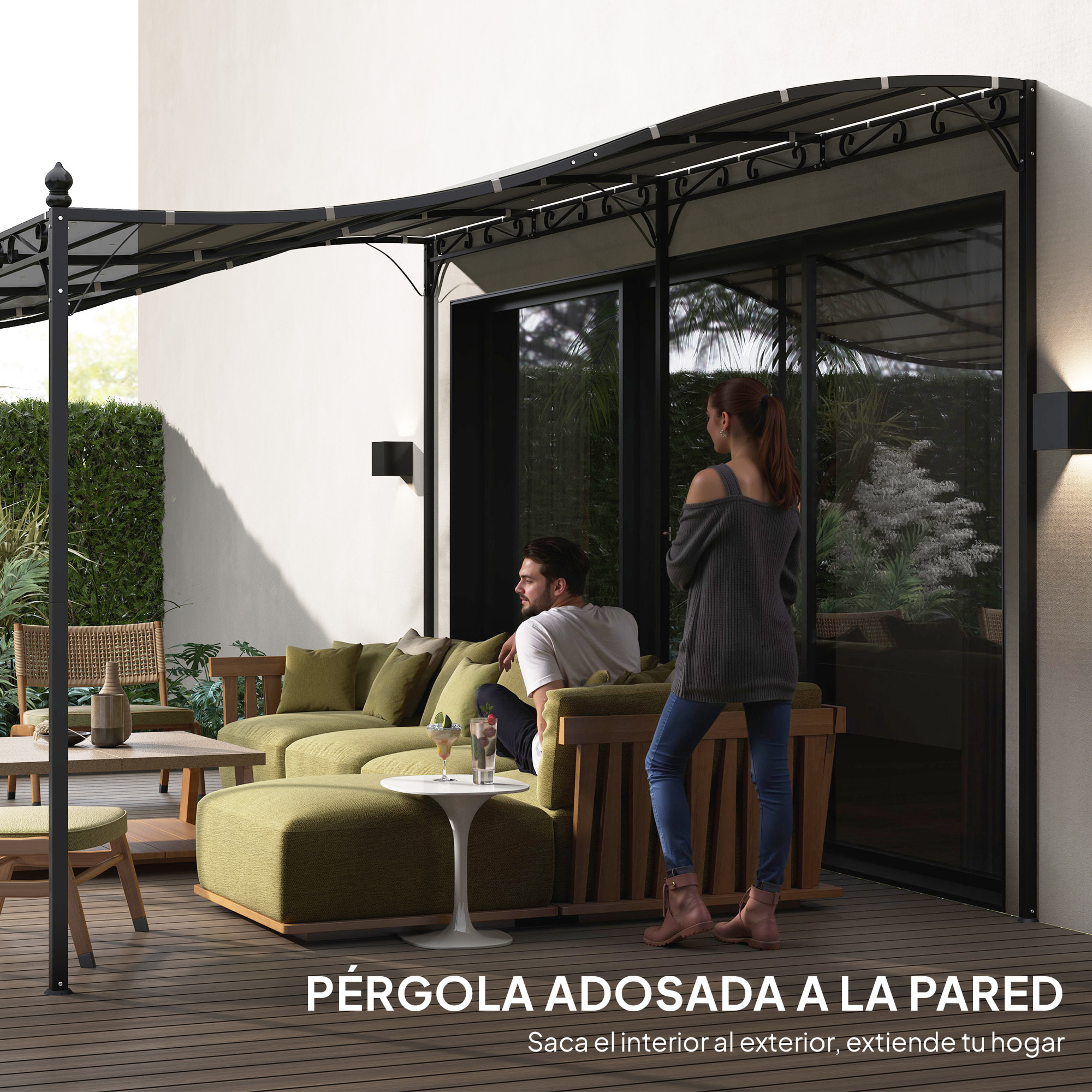 Pérgola de Pared de Jardín 3x6 m, Cenador de Jardín con Techo Inclinado, Orificios de Drenaje y Estructura Metálica, Resistente a la Intemperie, para Patio, Terraza, Balcón, Gris Oscuro