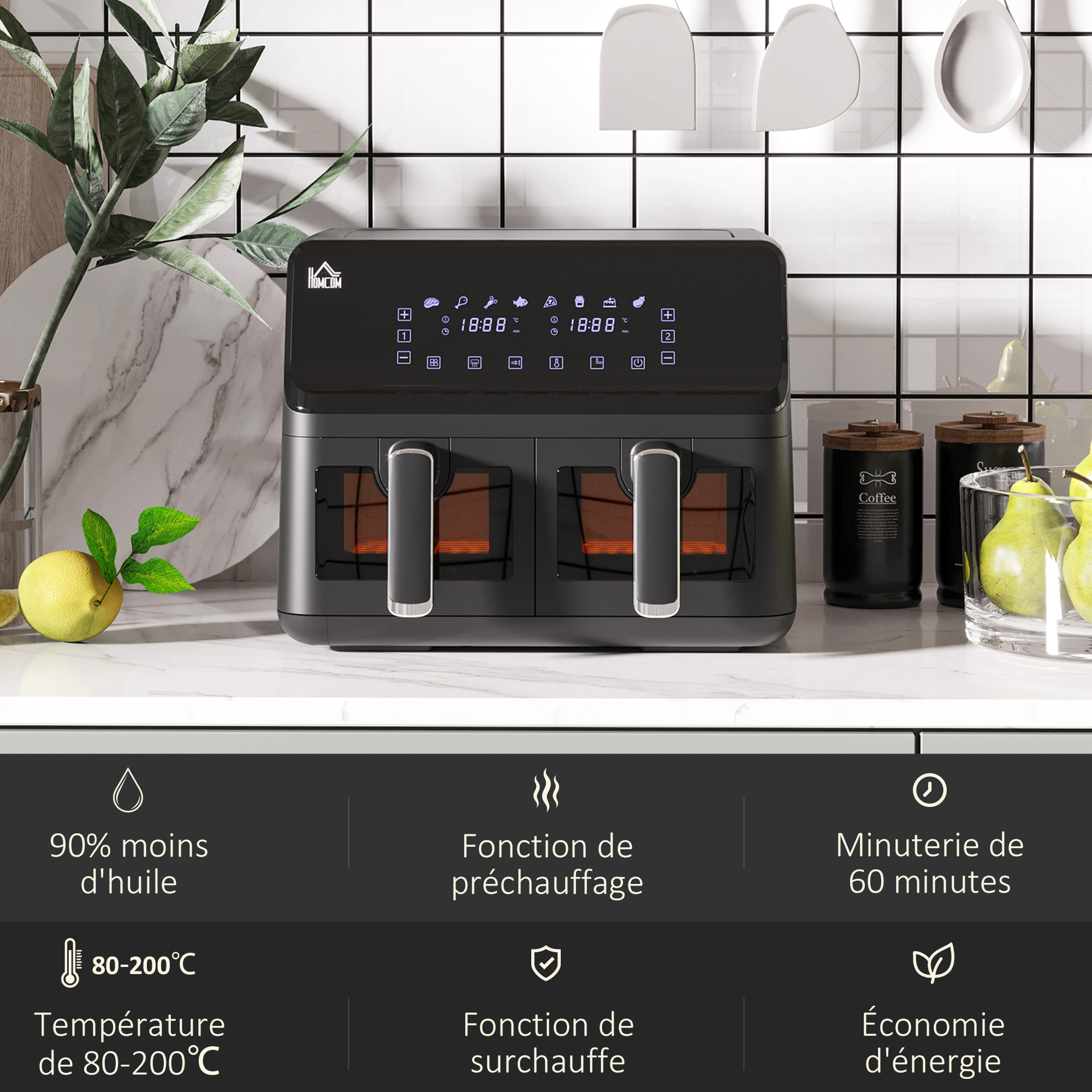 Friteuse à air 2 paniers 2500W 8L - air fryer multifonction 8 programmes - température réglable - timer 60 min. - noir