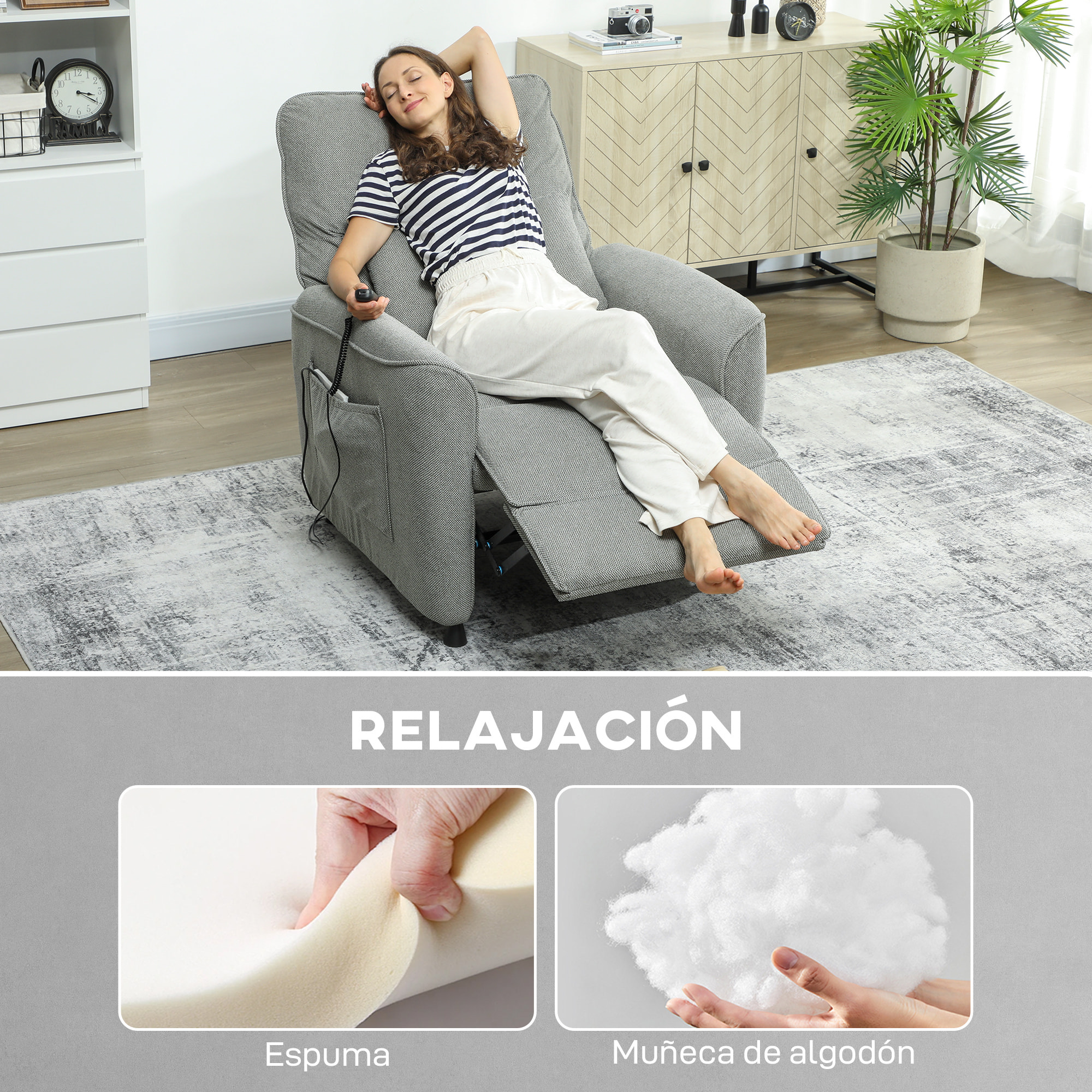 Sillón Relax Reclinable Eléctrico, con Calor Lumbar y Masaje Vibración, Sillón Masaje Relax, Motor Silencioso, Función de Memoria, Bolsillos Laterales, Almohada, Control Remoto con USB, Gris