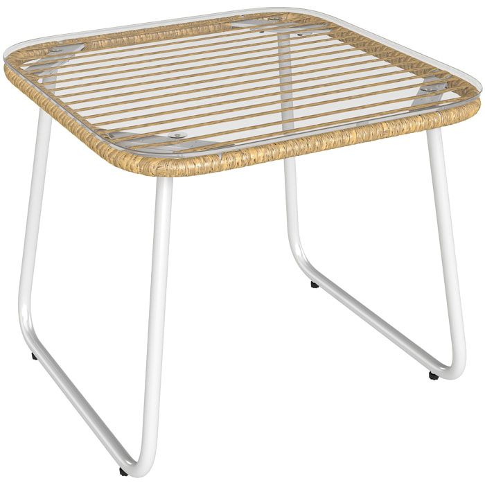 Mesa de Jardín de Ratán Sintético Mesa para Exterior con Encimera de Vidrio Templado y Patas Ajustables Mesita Auxiliar para Patio Terraza Balcón Natural y Blanca