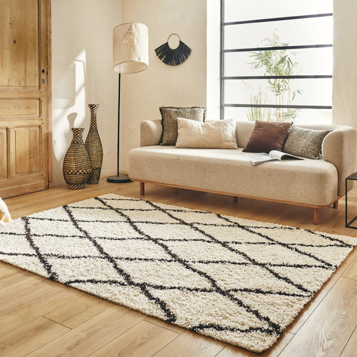 Tapis intérieur shaggy, style berbère, blanc et noir  ROBBY