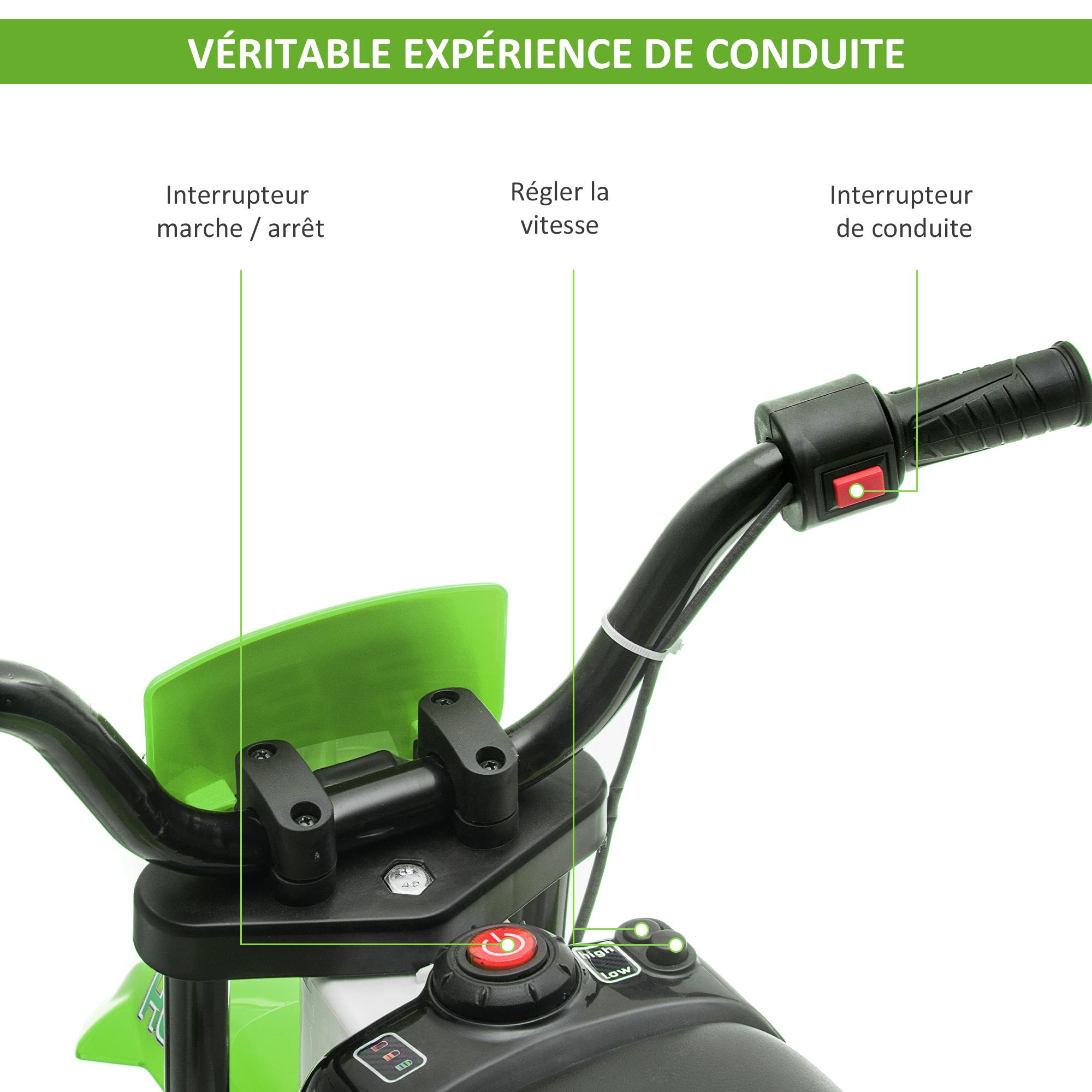 Moto cross électrique pour enfant 3 à 5 ans 12 V 3-8 Km/h avec roulettes latérales amovibles dim. 106,5L x 51,5l x 68H cm vert