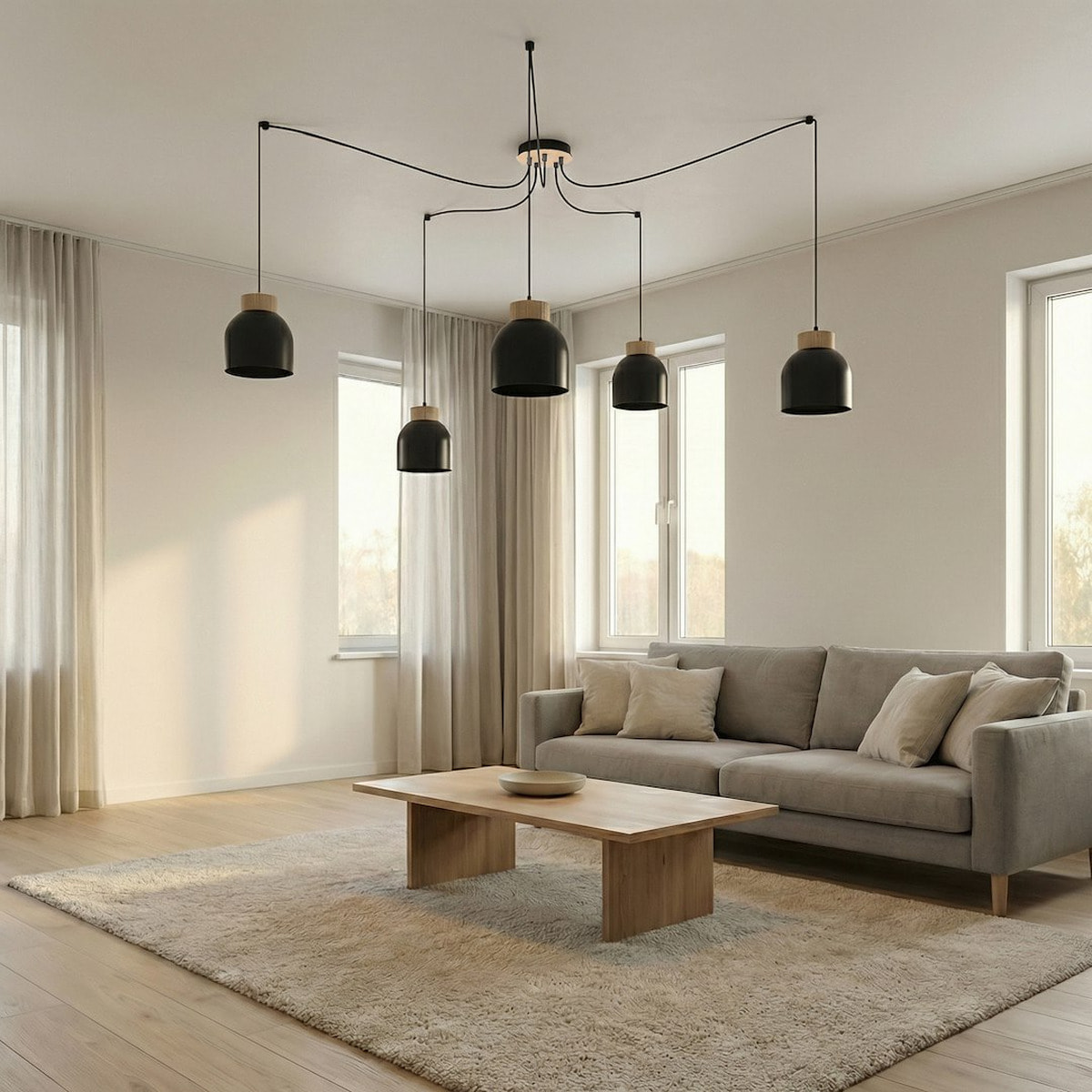 Lampada a sospensione KRU in metallo nero opaco e legno naturale