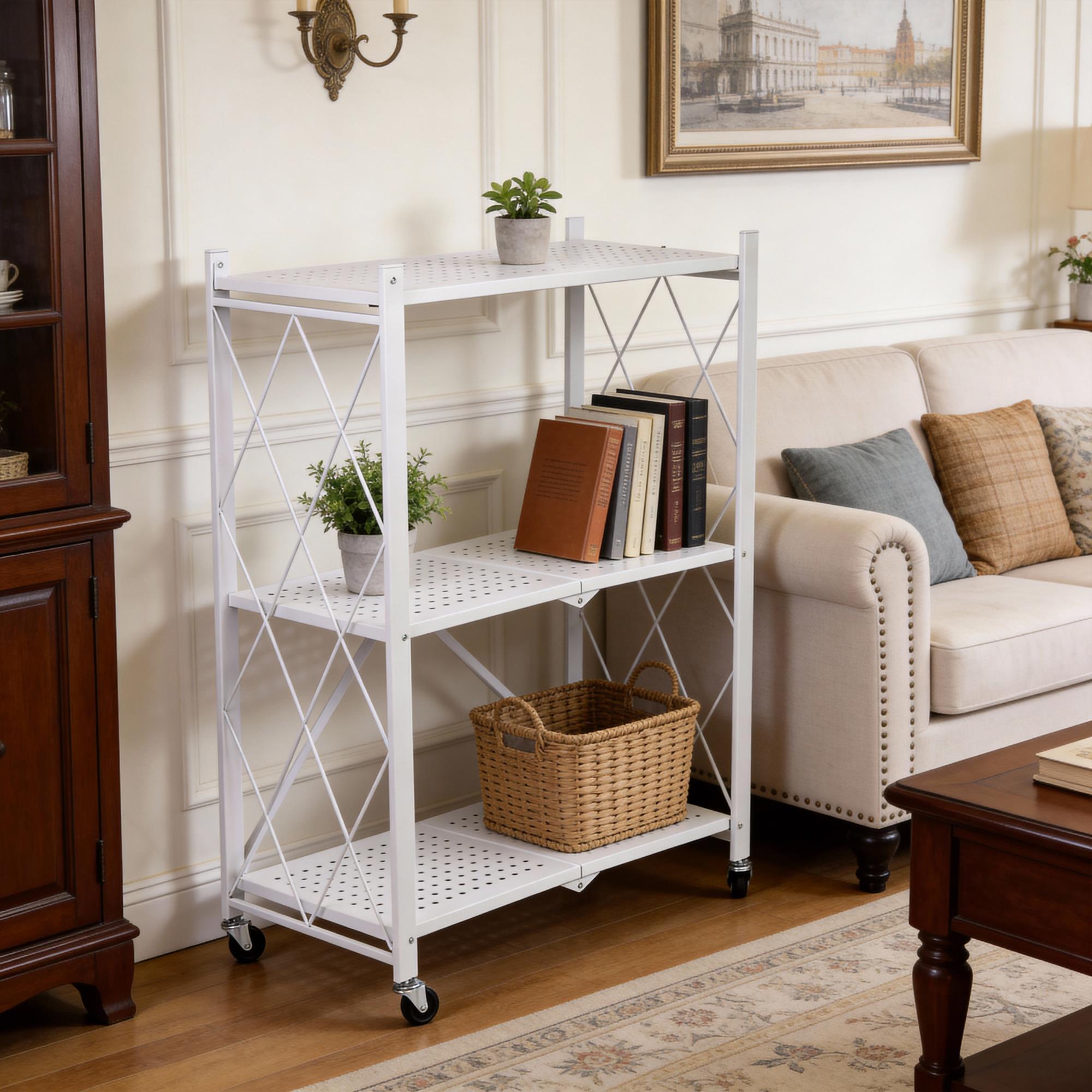 Estantería de Almacenamiento PLEGABLE de 3 Estantes con ruedas, SIN montaje 71x34x89cm color Blanco