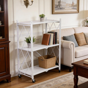 Estantería de Almacenamiento PLEGABLE de 3 Estantes con ruedas, SIN montaje 71x34x89cm color Blanco