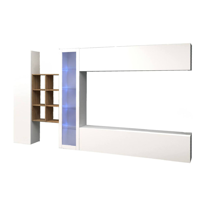 Parete attrezzata Alessano, Set salotto porta TV a 4 ante, Mobile soggiorno multiuso con vetrina e luce LED, 100% Made in Italy, cm 280x30h180, Bianco lucido e Acero