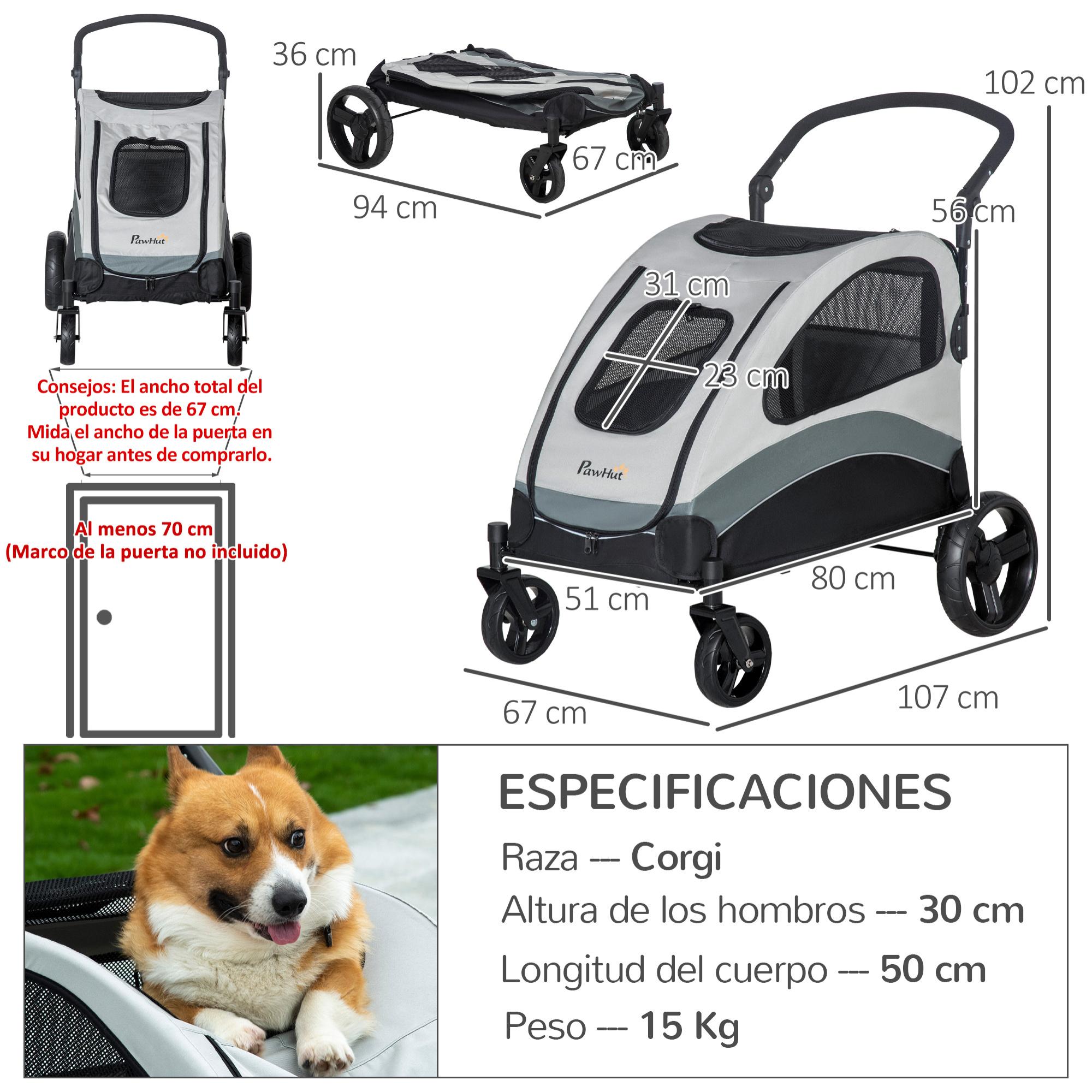 Cochecito para Perros Plegable Carrito para Mascotas con 5 Ventanas 2 Puertas Bolsillo de Almacenaje Correas de Seguridad y Frenos Tela Oxford 300D Acero 107x67x102 cm Gris