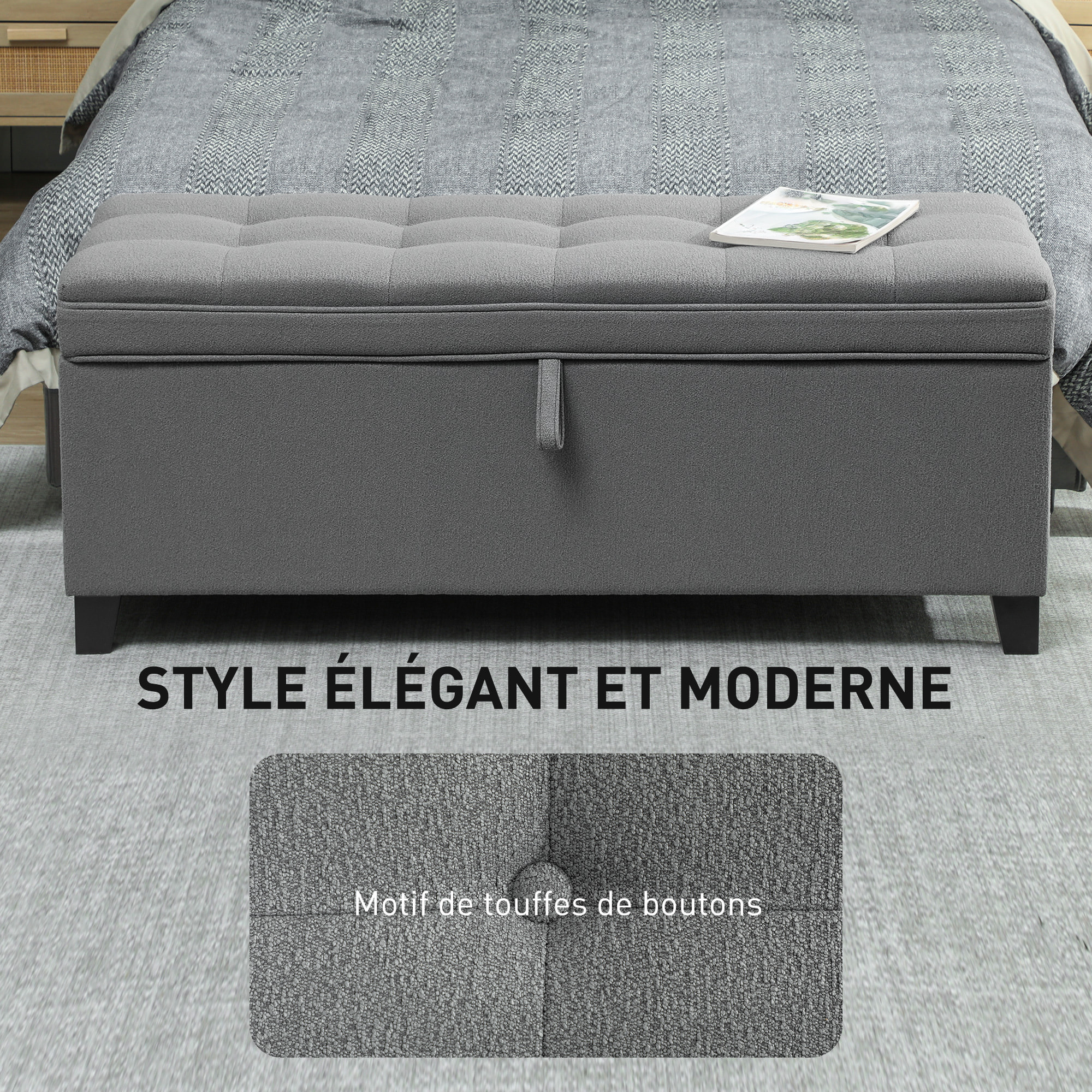 Banquette bout de lit coffre design Chesterfield dim. 120 x 40 x 48 cm tissu gris