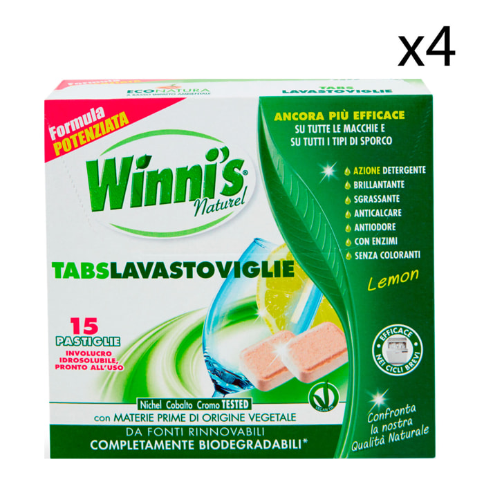 4x Winni's Naturel Tabs Lavastoviglie Lemon Pronte all'Uso - 4 Confezione da 15 Pastiglie