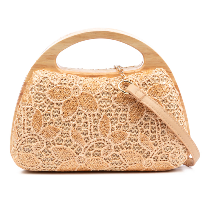 Ausa bolso de mano fabricado en madera natural, con papel trenzado y jute diseño malla de tejido floral