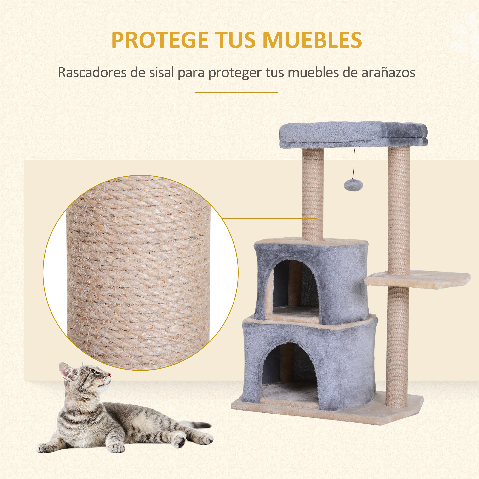 Árbol Rascador para Gatos de Sisal Natural 60x40x92cm Gris